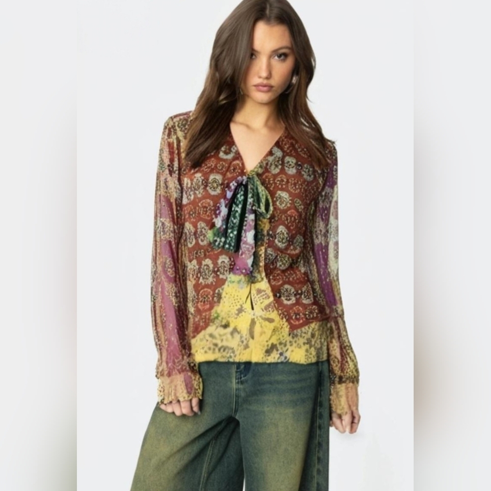 NWT ZARA Green Multicolor Tie Collar Sheer Blouse